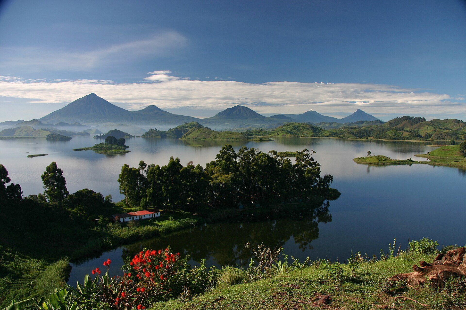 Lake Mutanda and the Virunga volcanoes in Kisoro